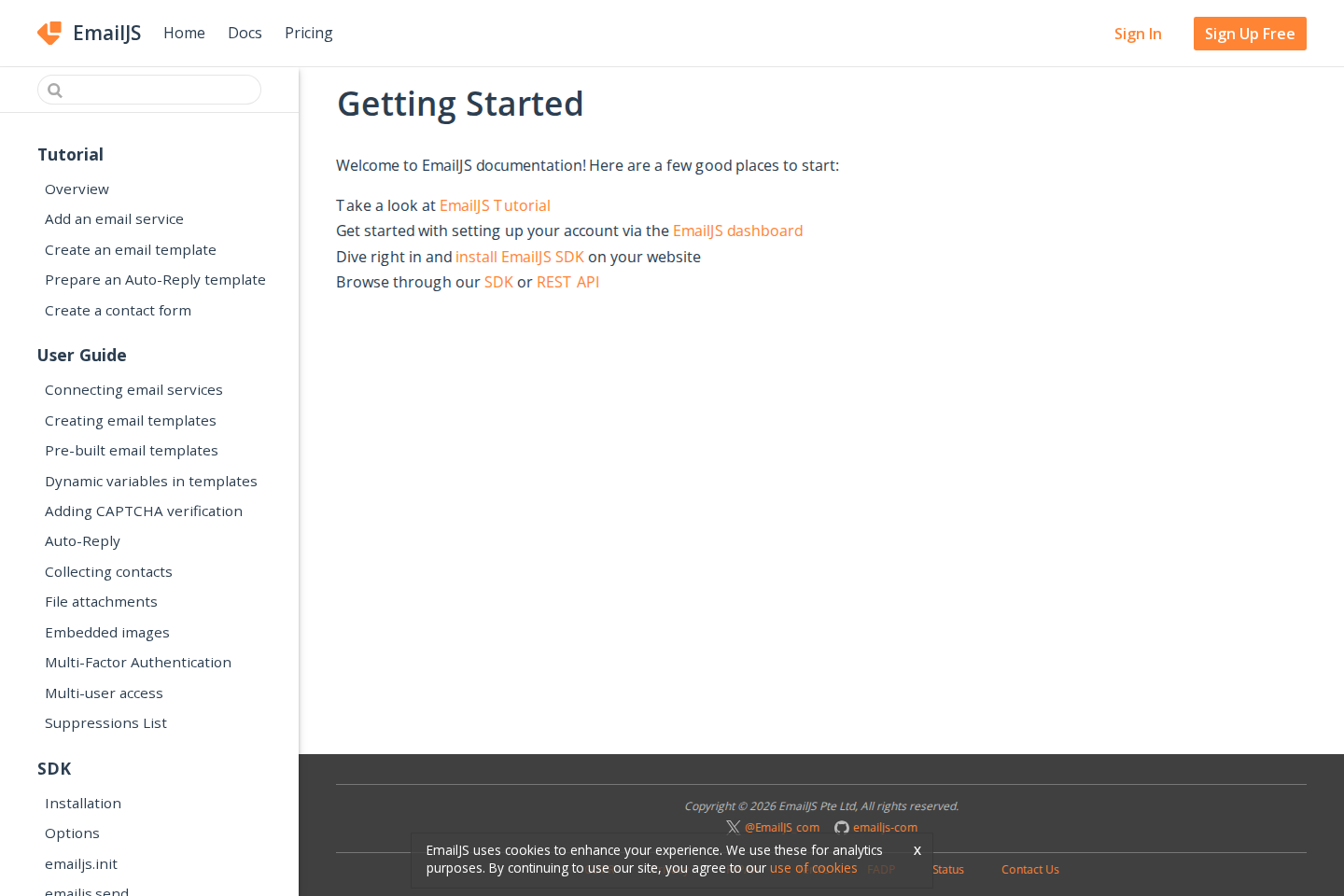 EmailJS documentation page