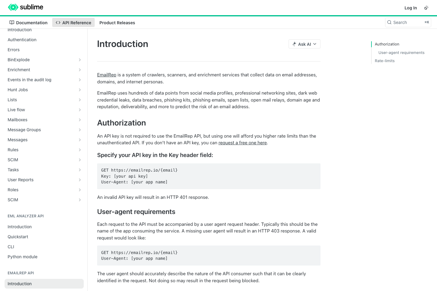 EmailRep documentation page
