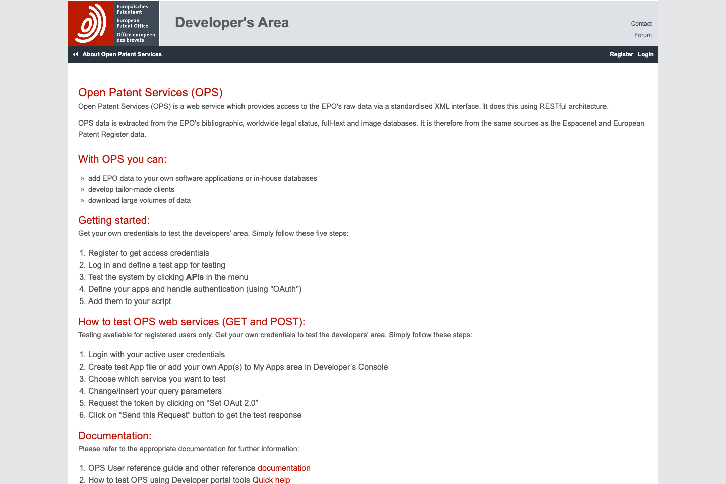 EPO documentation page