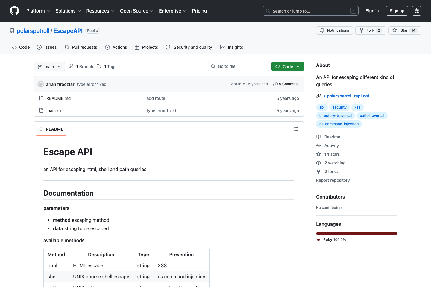 Escape documentation page