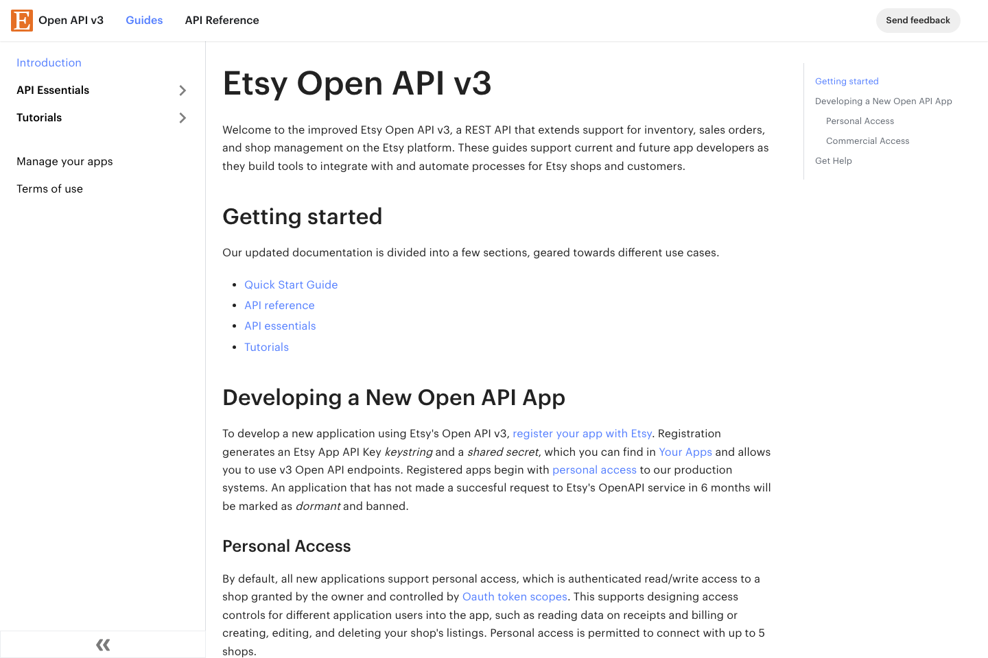 Etsy documentation page