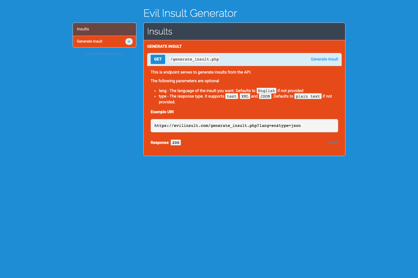 Evil Insult Generator documentation page