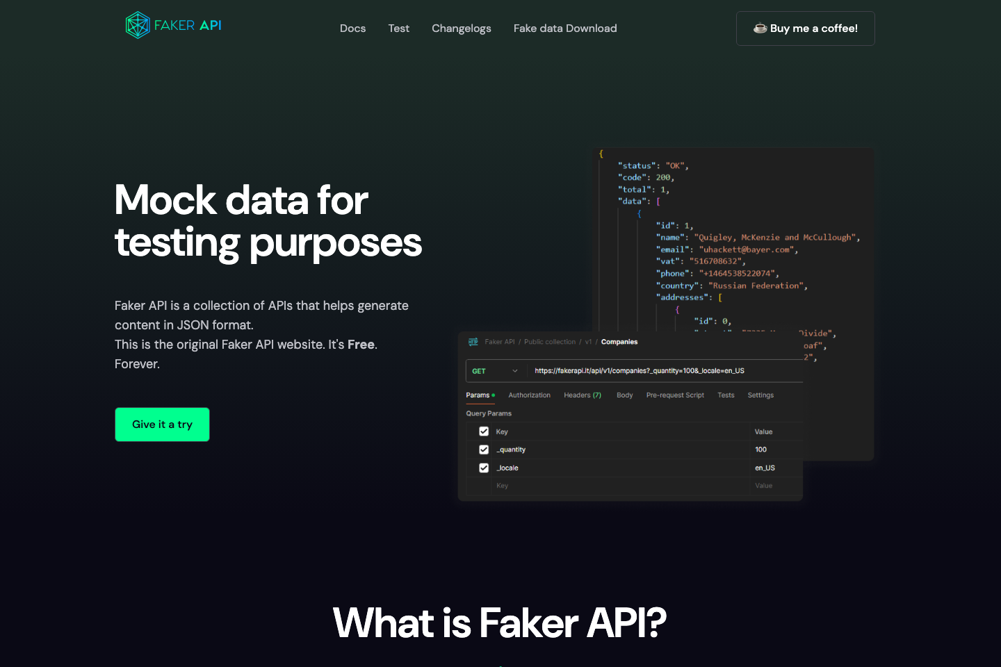 FakerAPI documentation page
