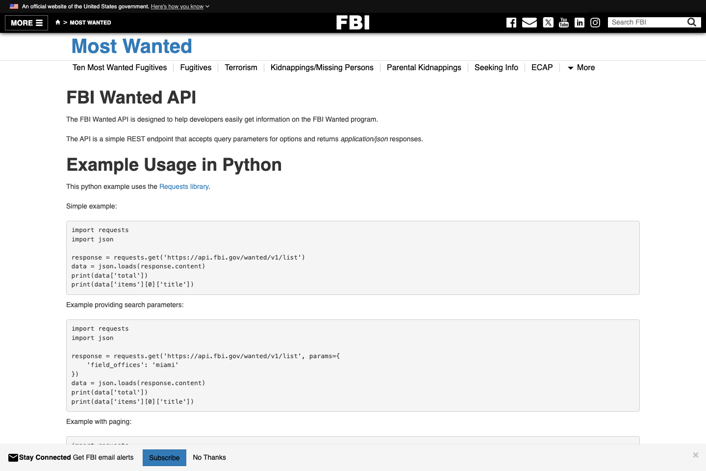 FBI Wanted documentation page