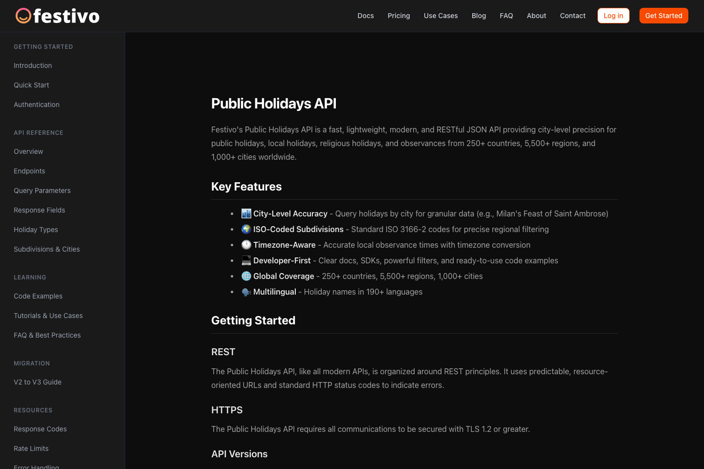 Festivo Public Holidays documentation page