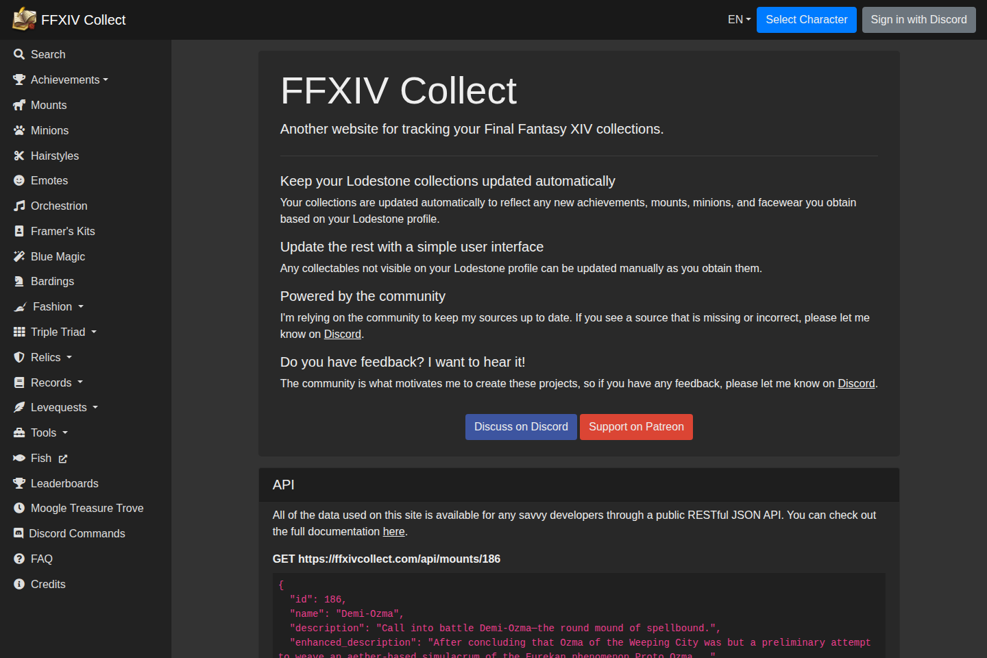 FFXIV Collect documentation page
