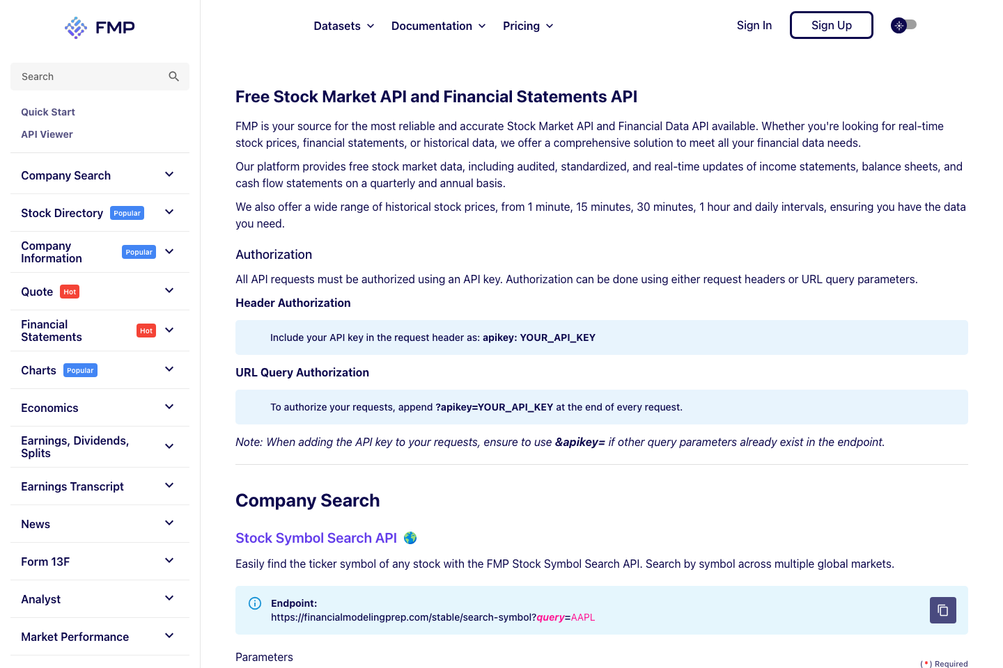 Financial Modeling Prep documentation page