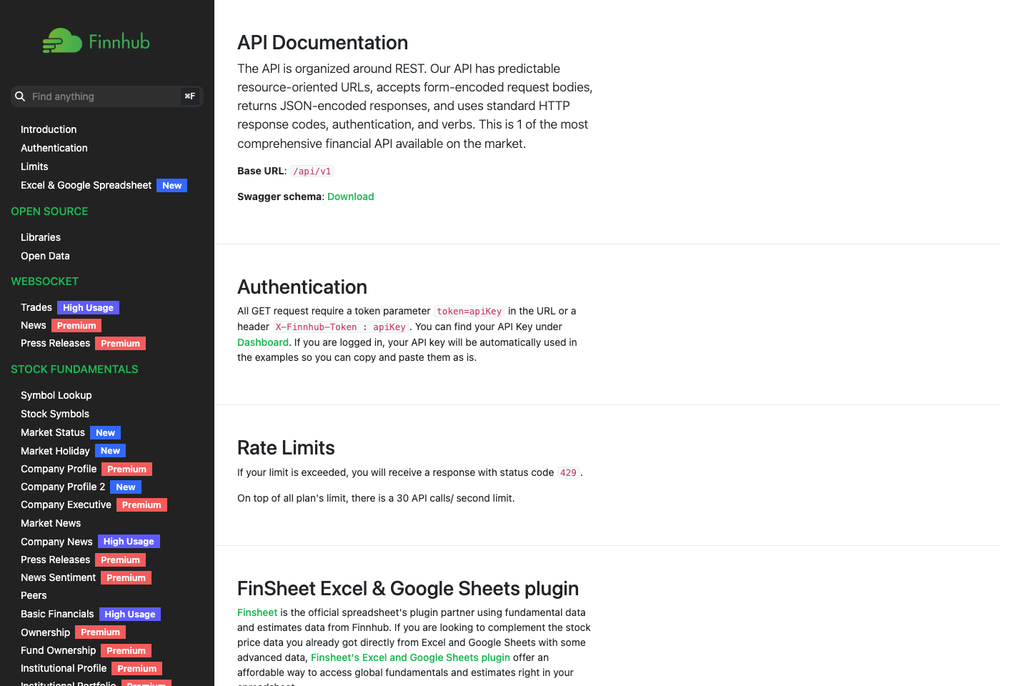 Finnhub documentation page