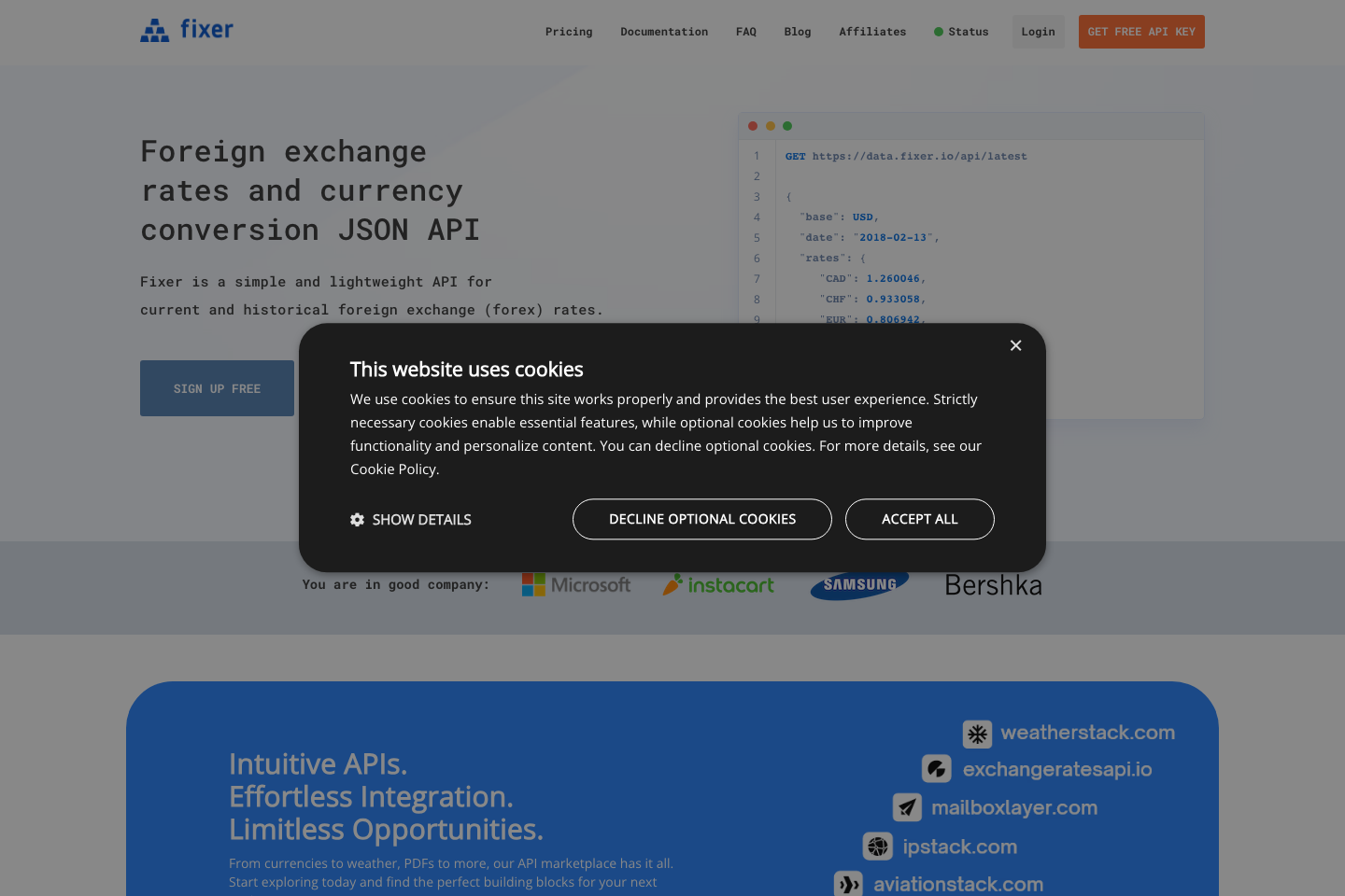 Fixer.io documentation page