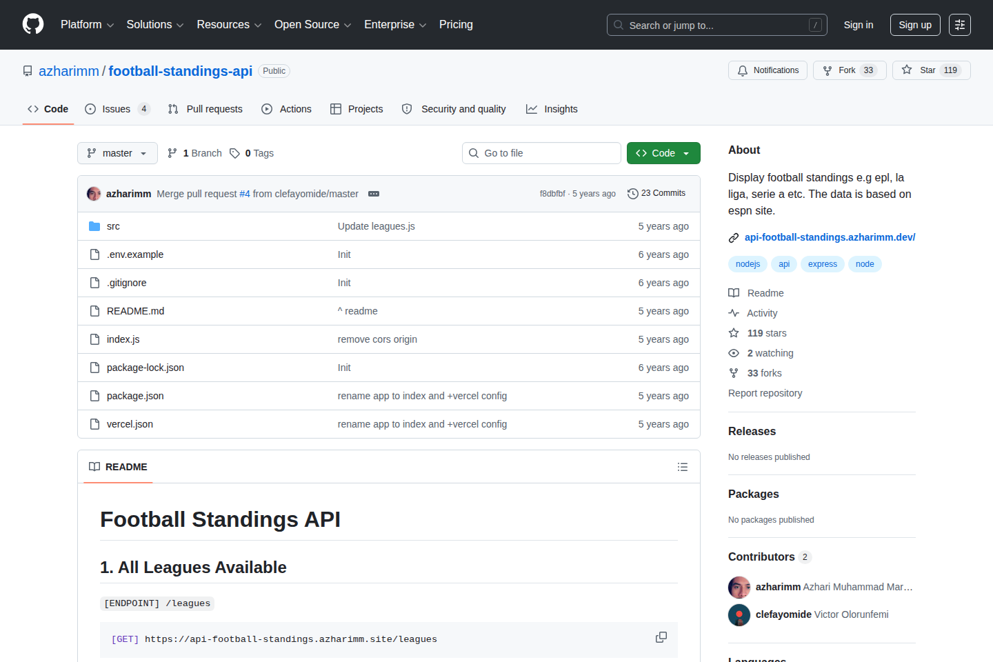 Football Standings documentation page