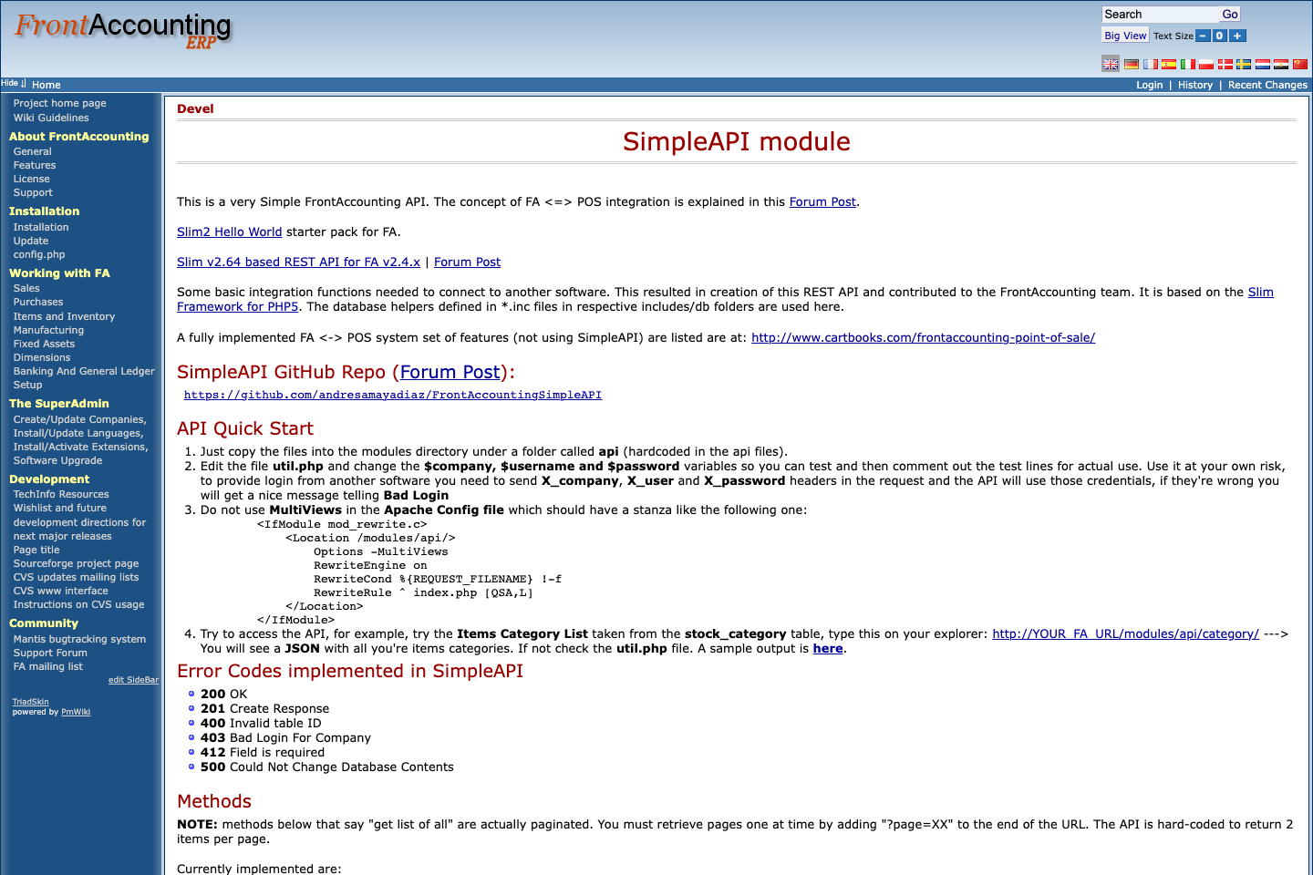 Front Accounting APIs documentation page