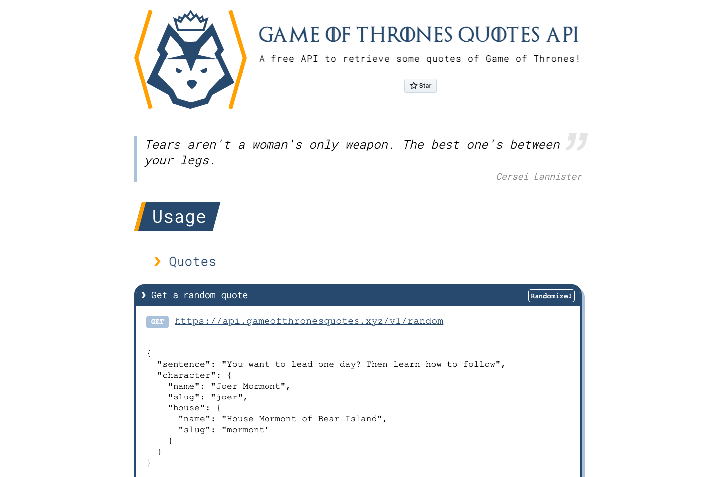 Game of Thrones Quotes documentation page