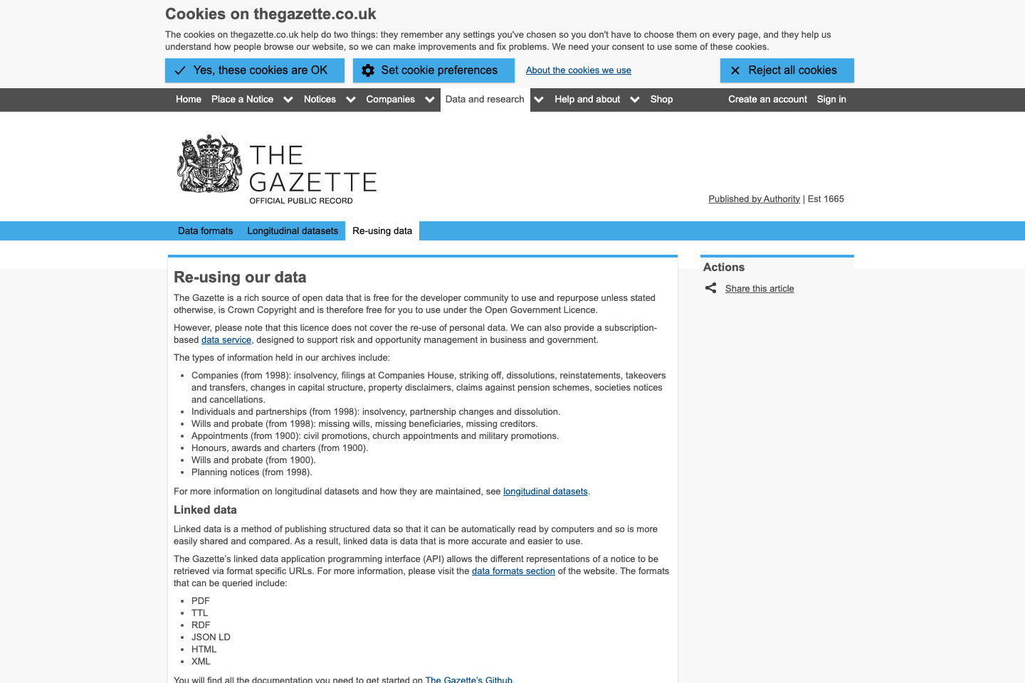 Gazette Data, UK documentation page