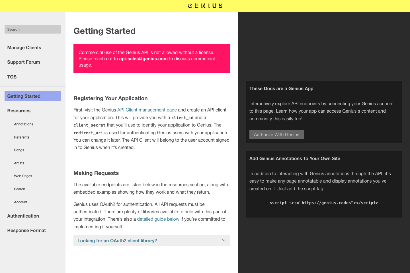 Genius documentation page