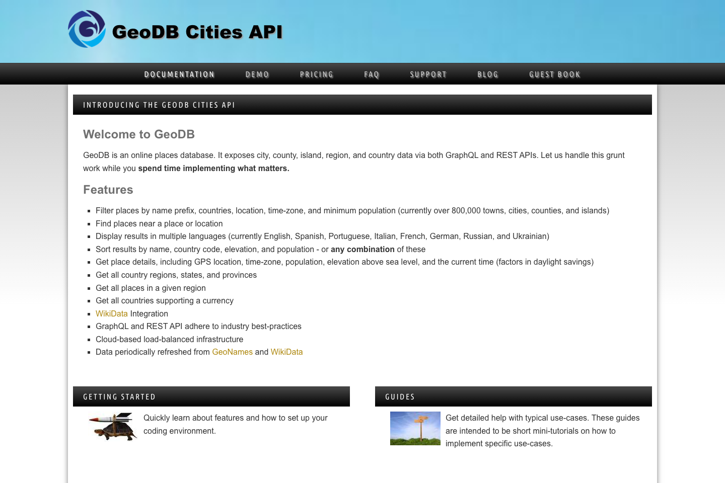 GeoDB Cities documentation page