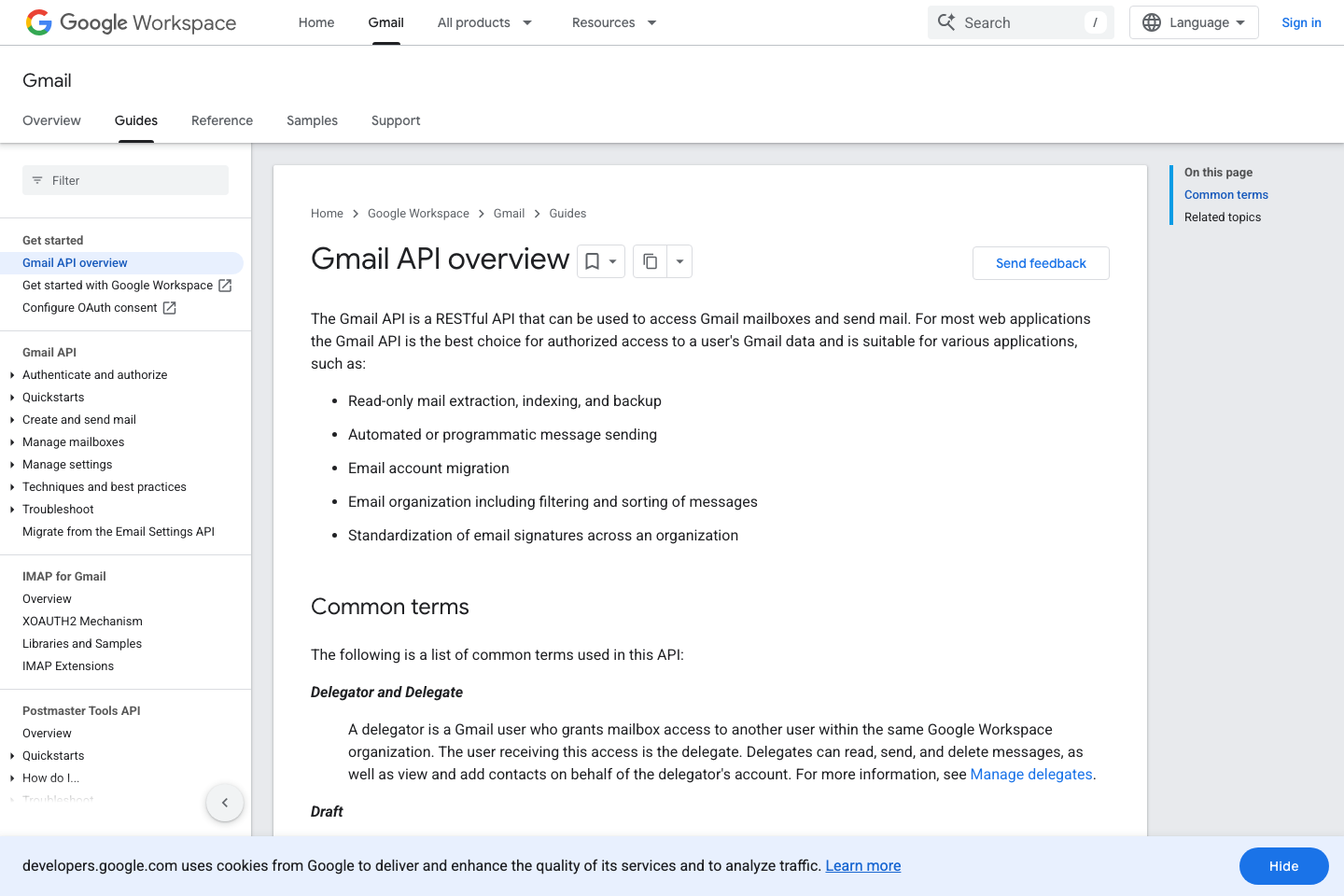 Gmail documentation page