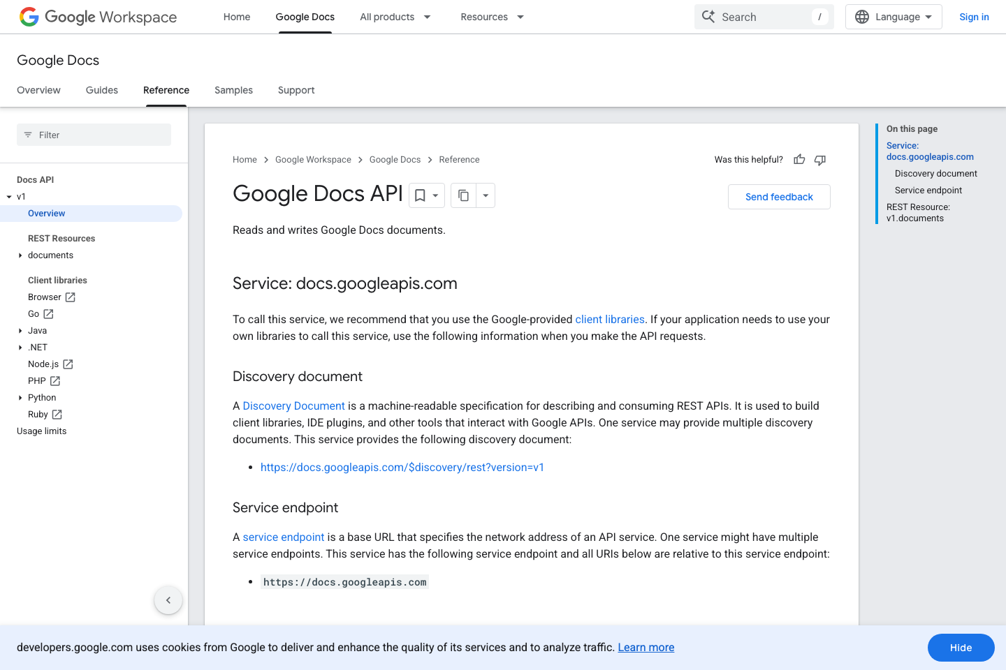 Google Docs documentation page