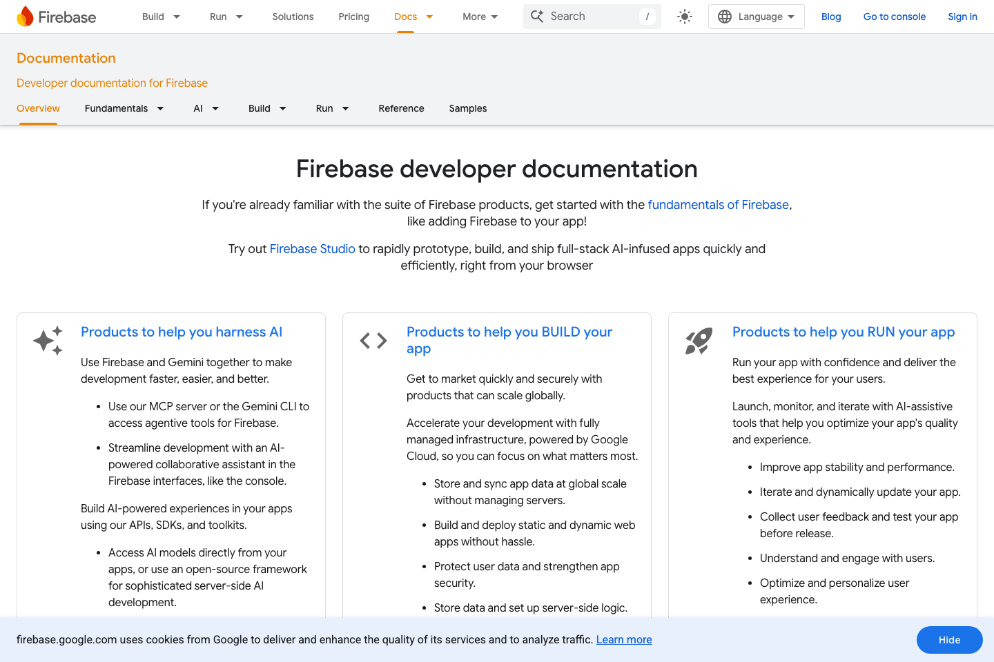 Google Firebase documentation page