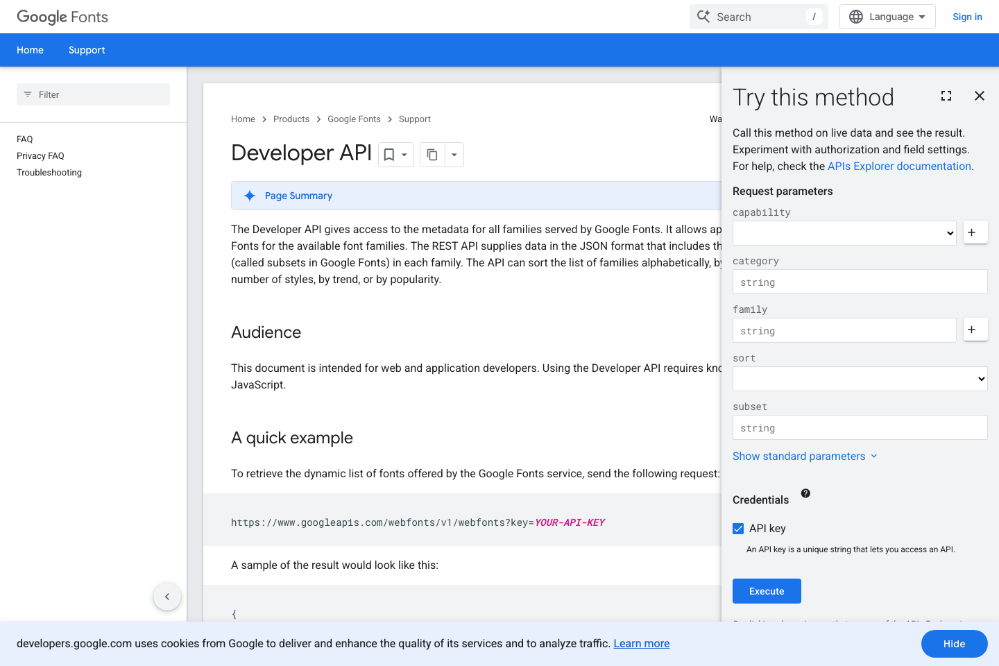 Google Fonts documentation page
