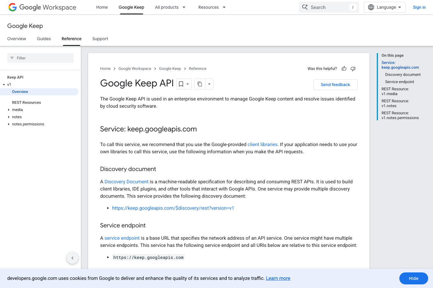 Google Keep documentation page