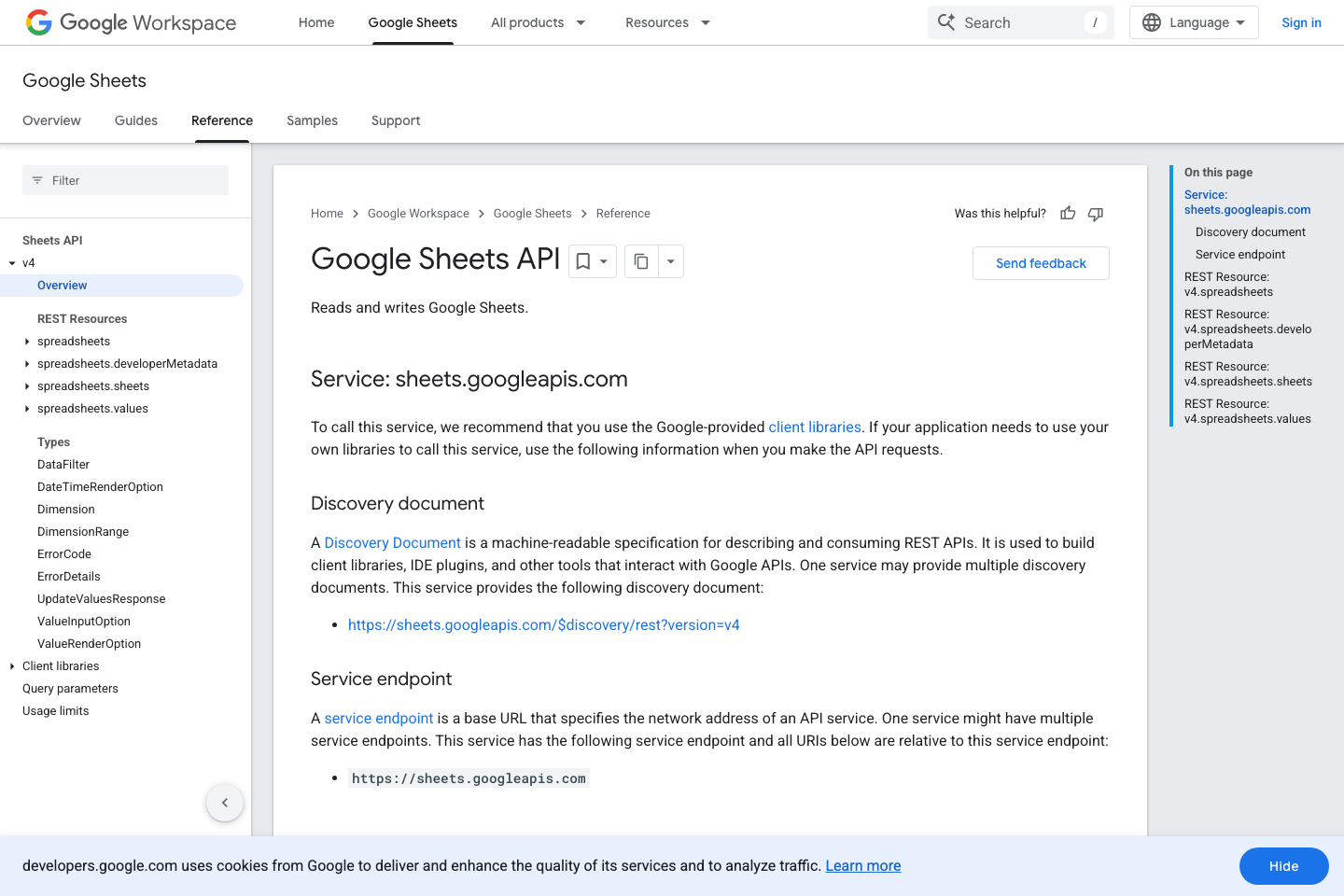 Google Sheets documentation page