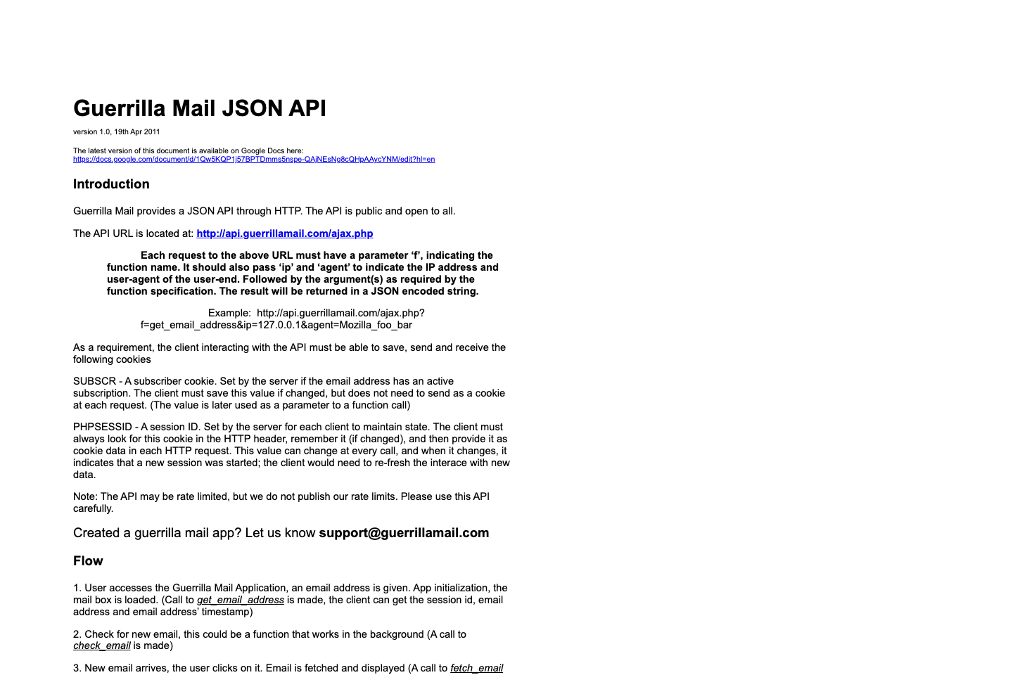 Guerrilla Mail documentation page