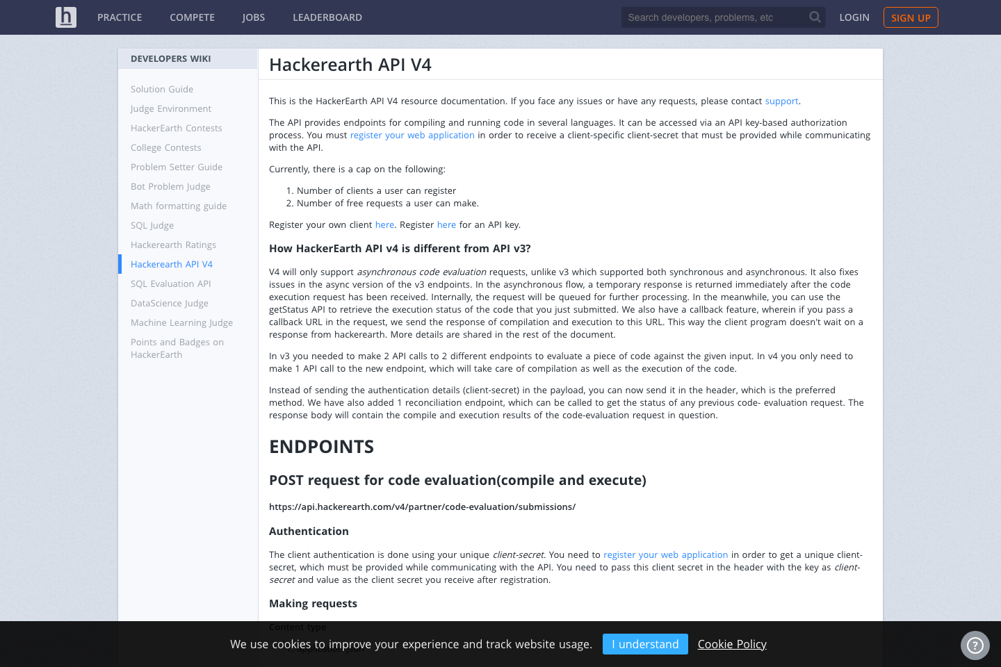 Hackerearth documentation page