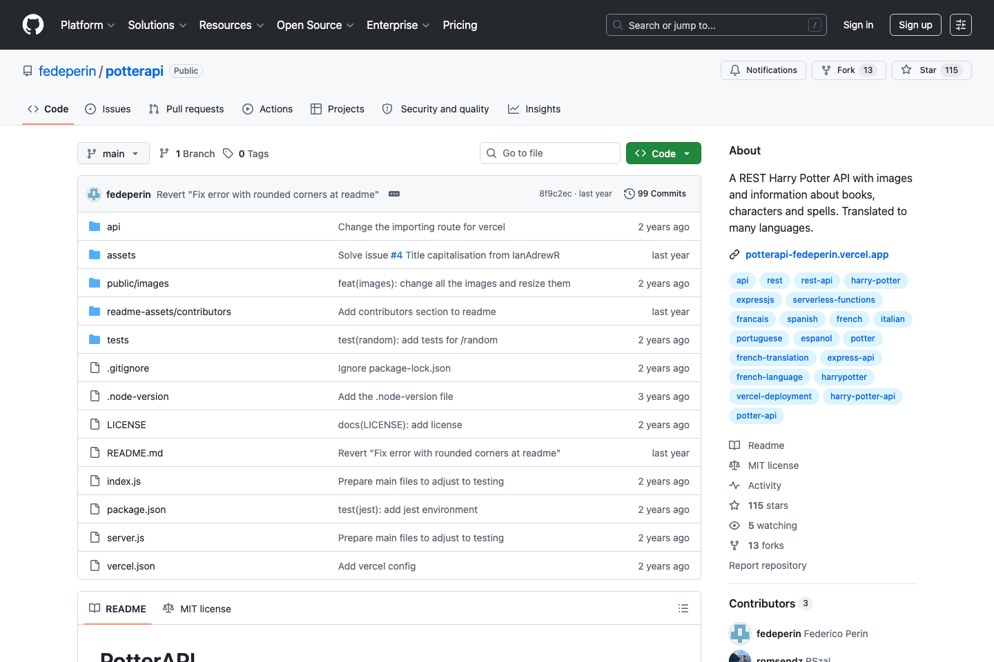 Harry Potter API documentation page