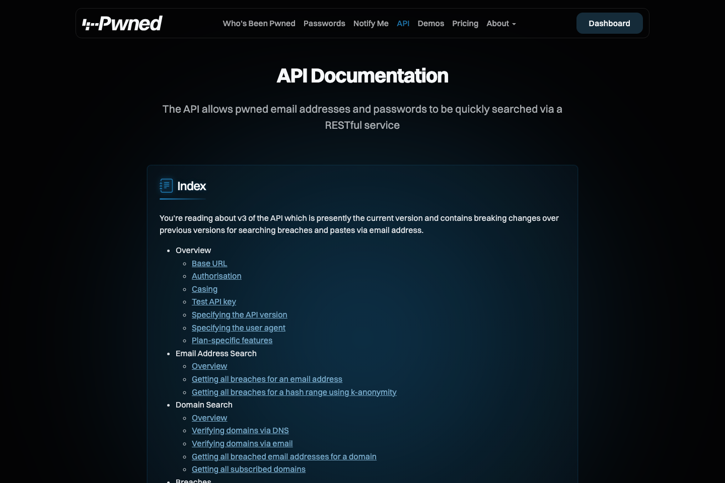 HaveIBeenPwned documentation page