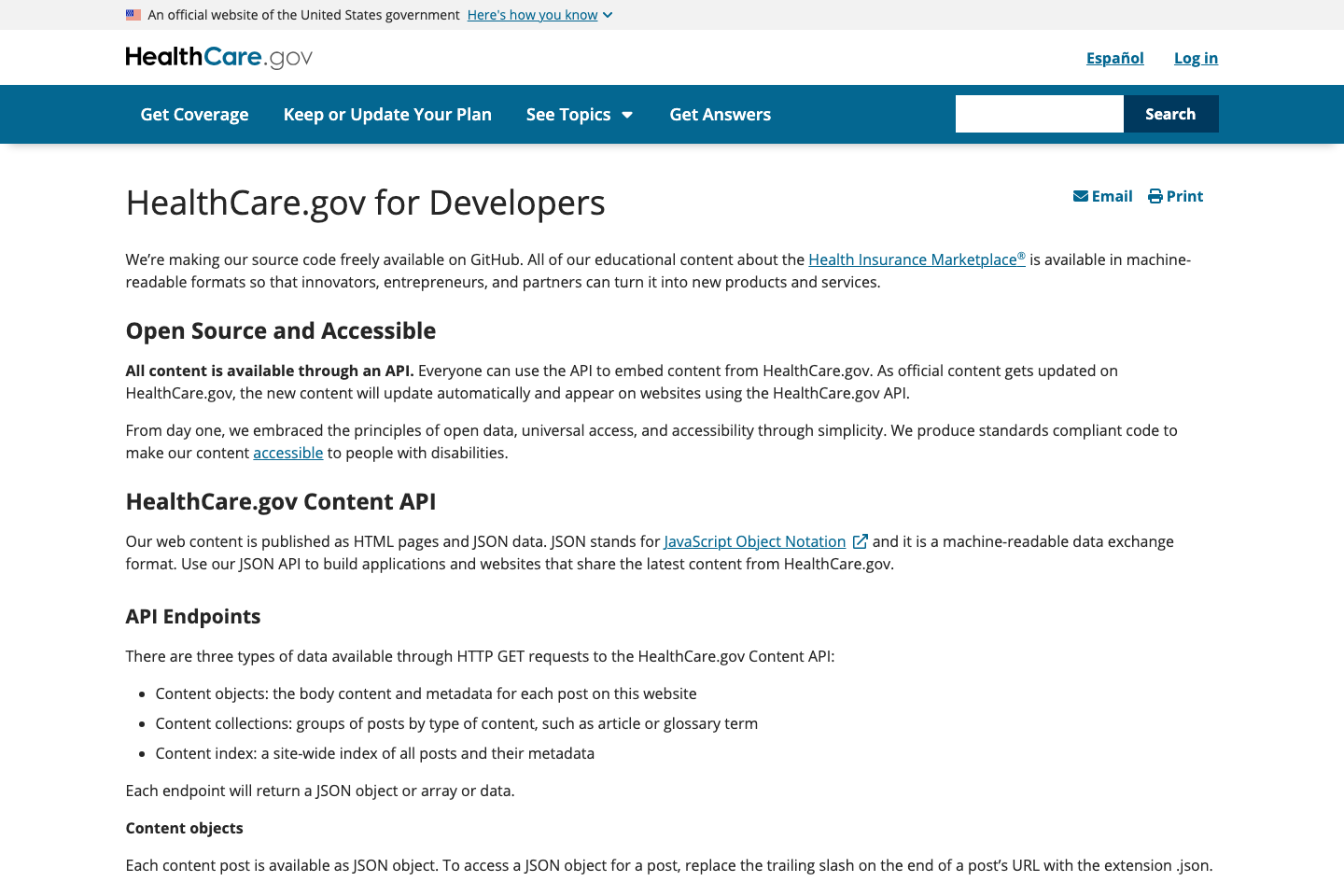 Healthcare.gov documentation page