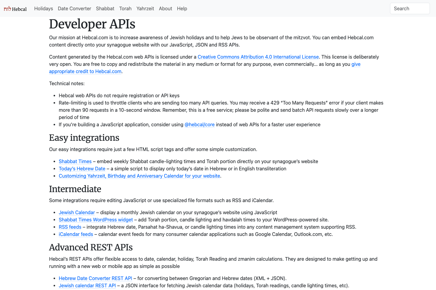 Hebrew Calendar documentation page