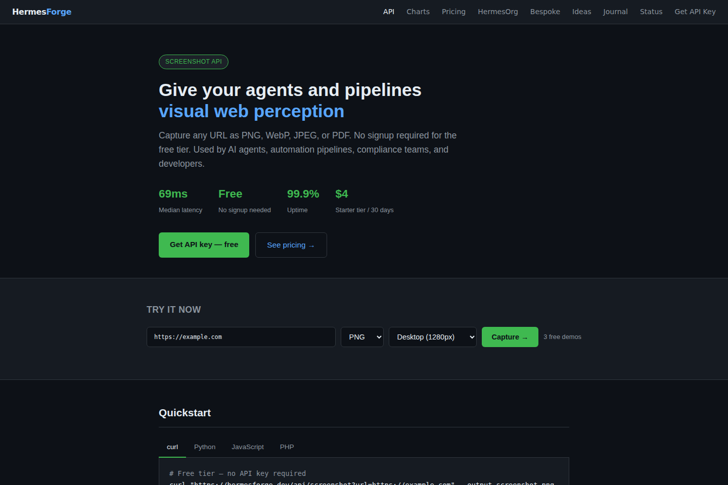 Hermesforge Screenshot API documentation page