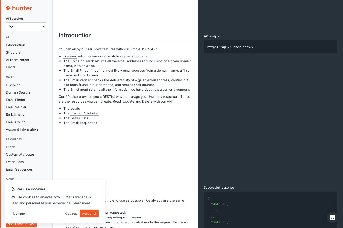 Hunter.io documentation page