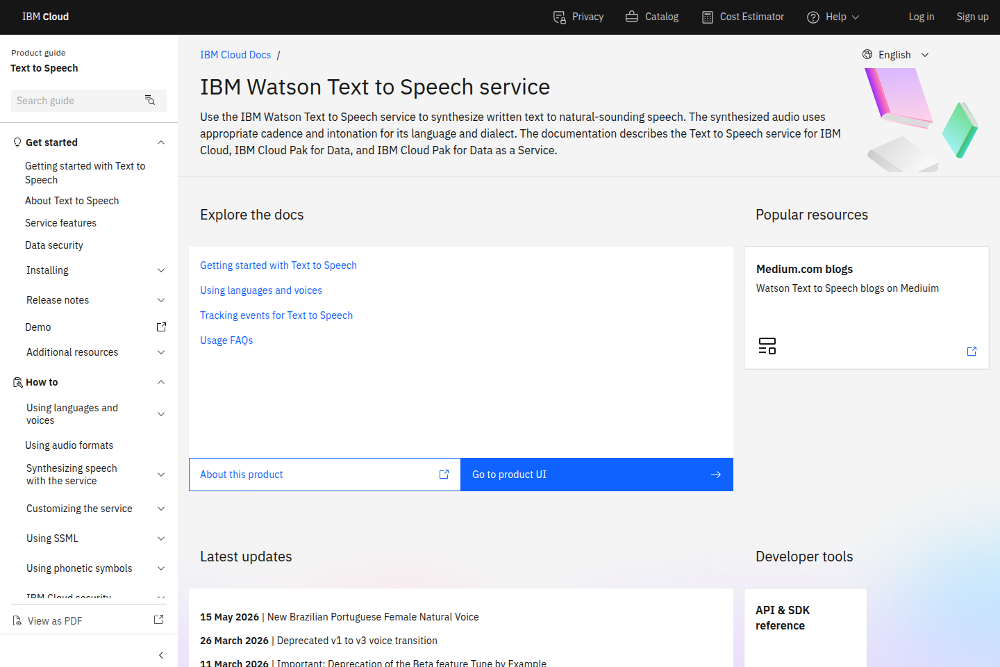 IBM Text to Speech documentation page