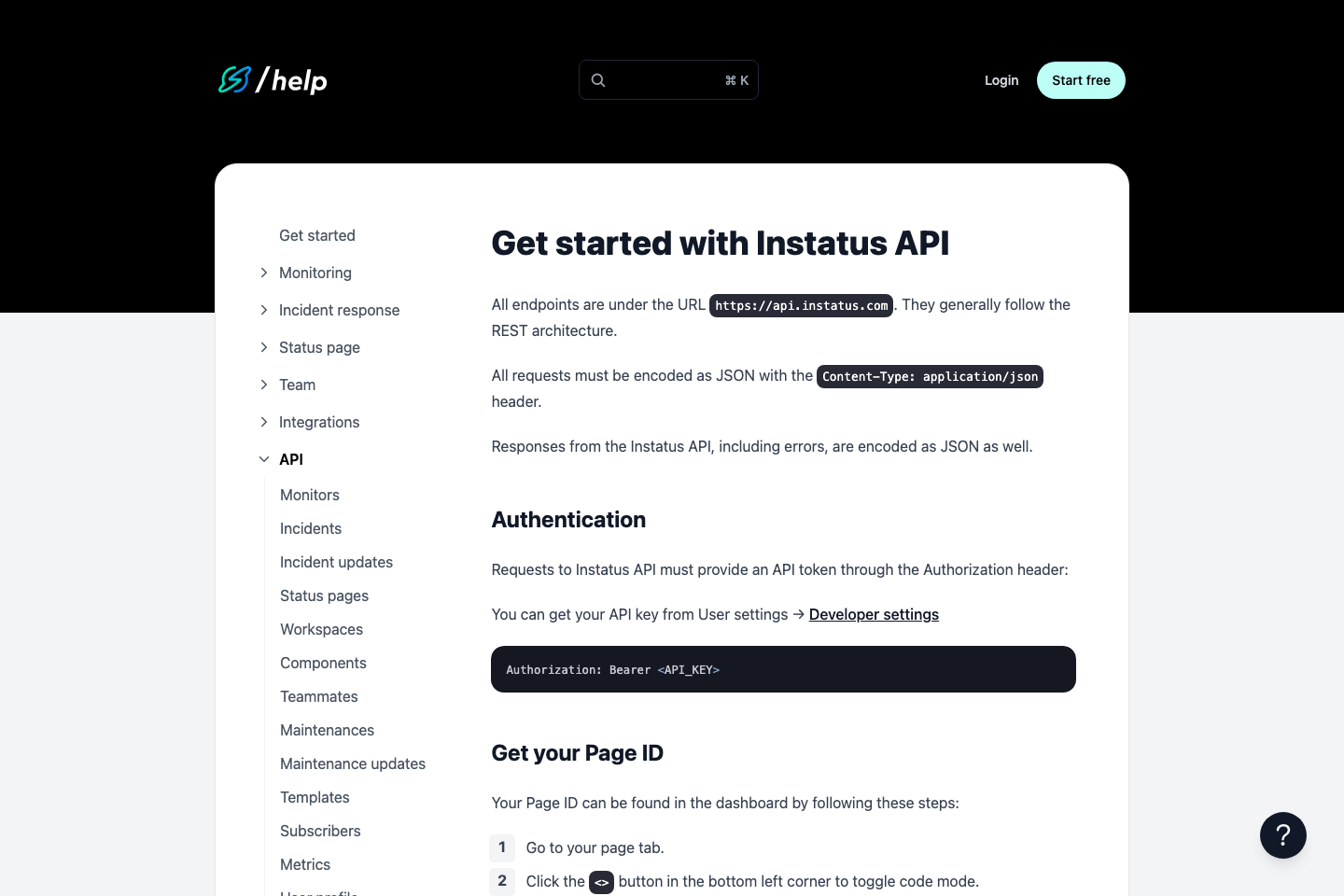 Instatus documentation page