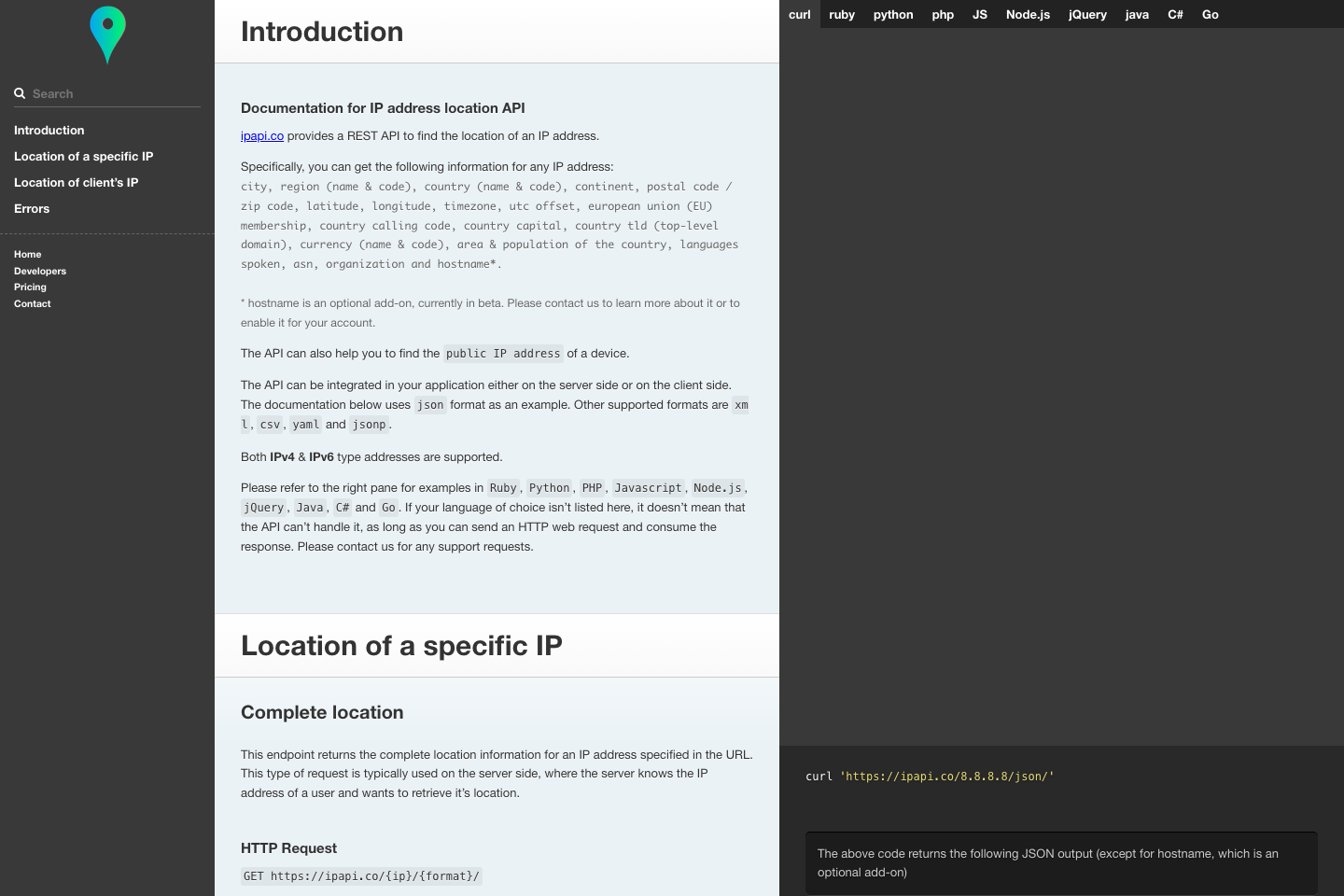 ipapi.co documentation page