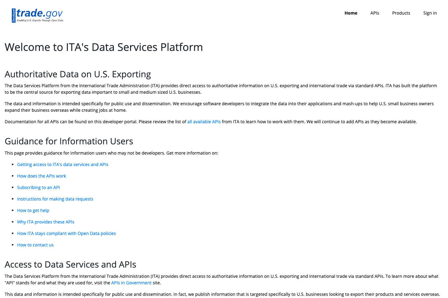 ITA's Data Services Platform documentation page