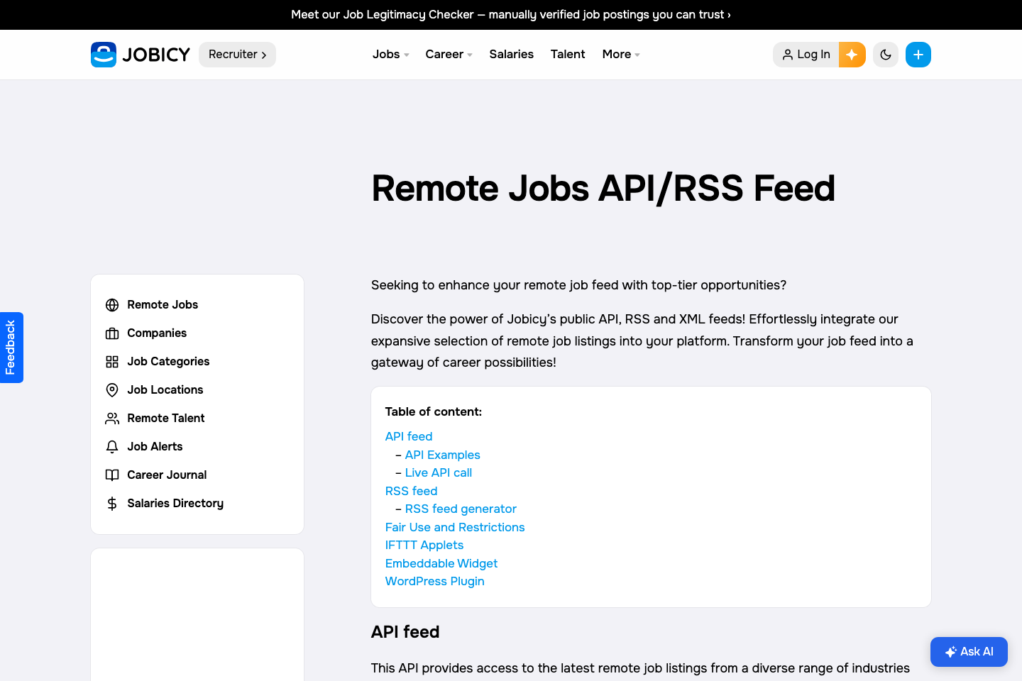 Jobicy documentation page