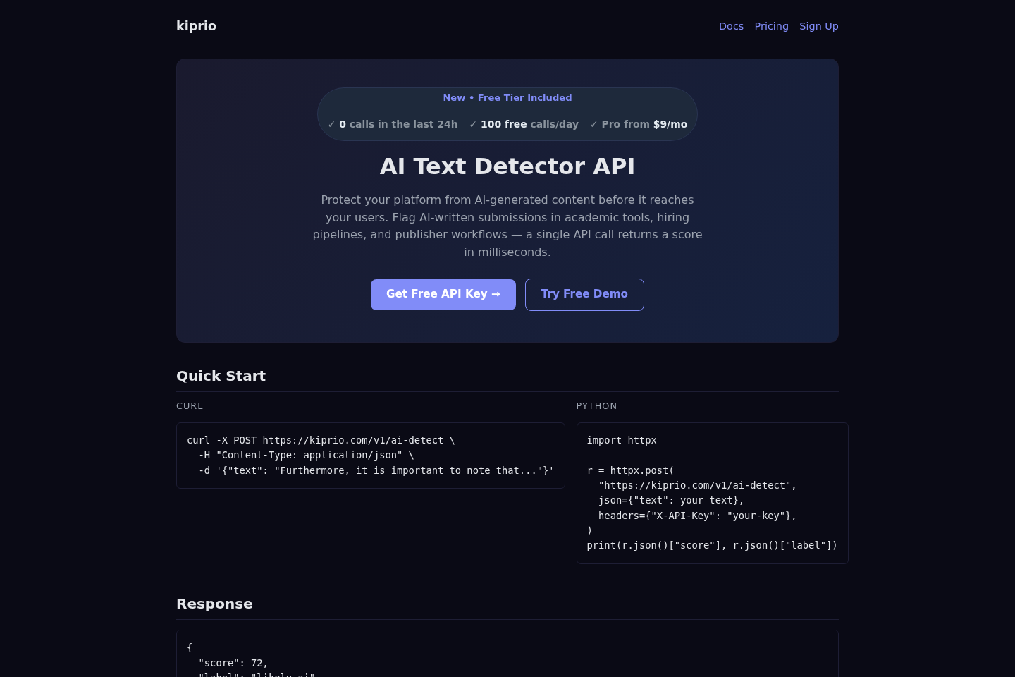 Kiprio AI Content Detector documentation page