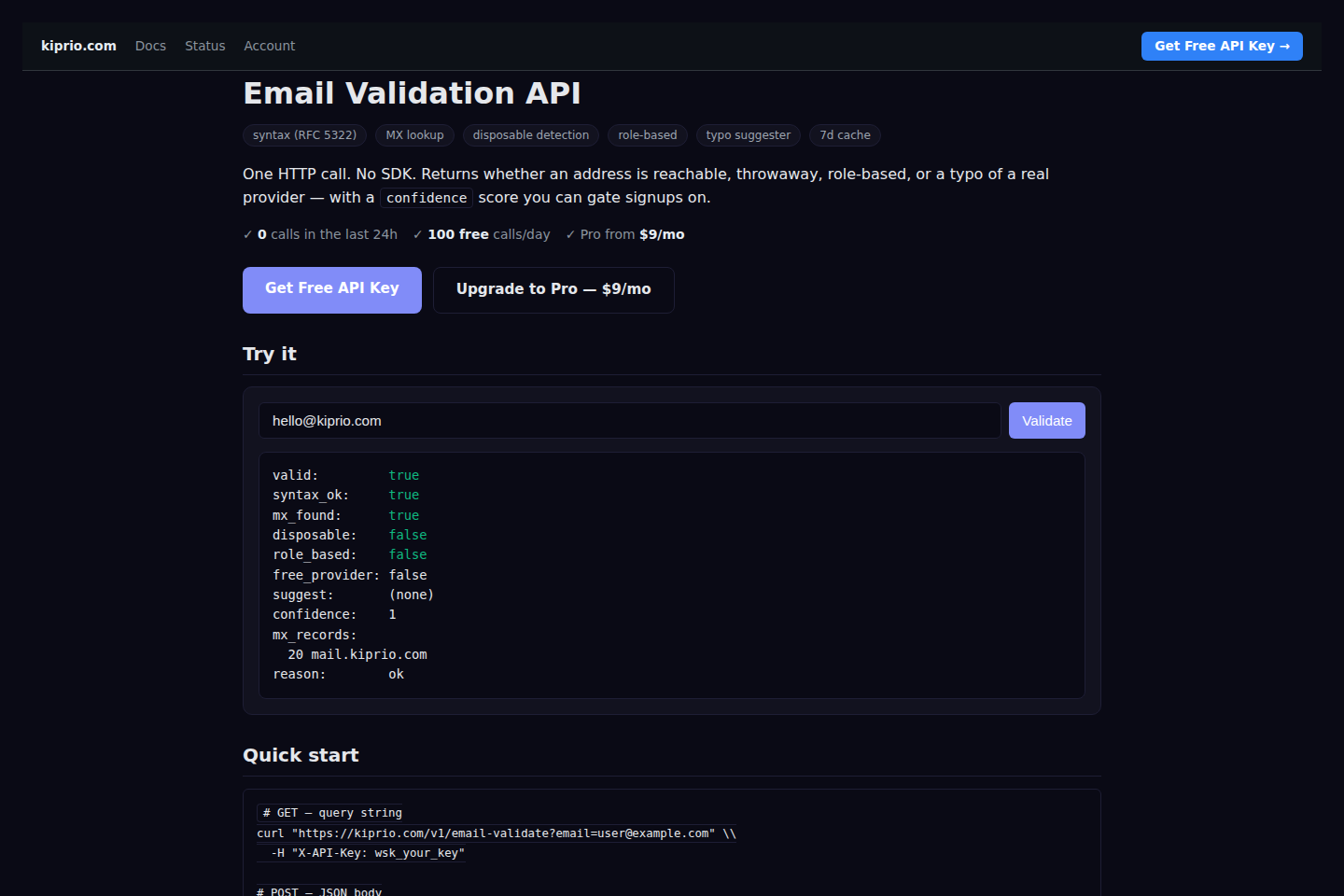 Kiprio Email Validation documentation page