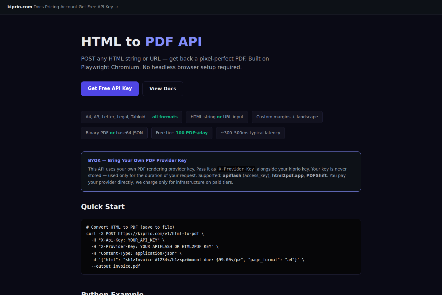 Kiprio HTML to PDF documentation page