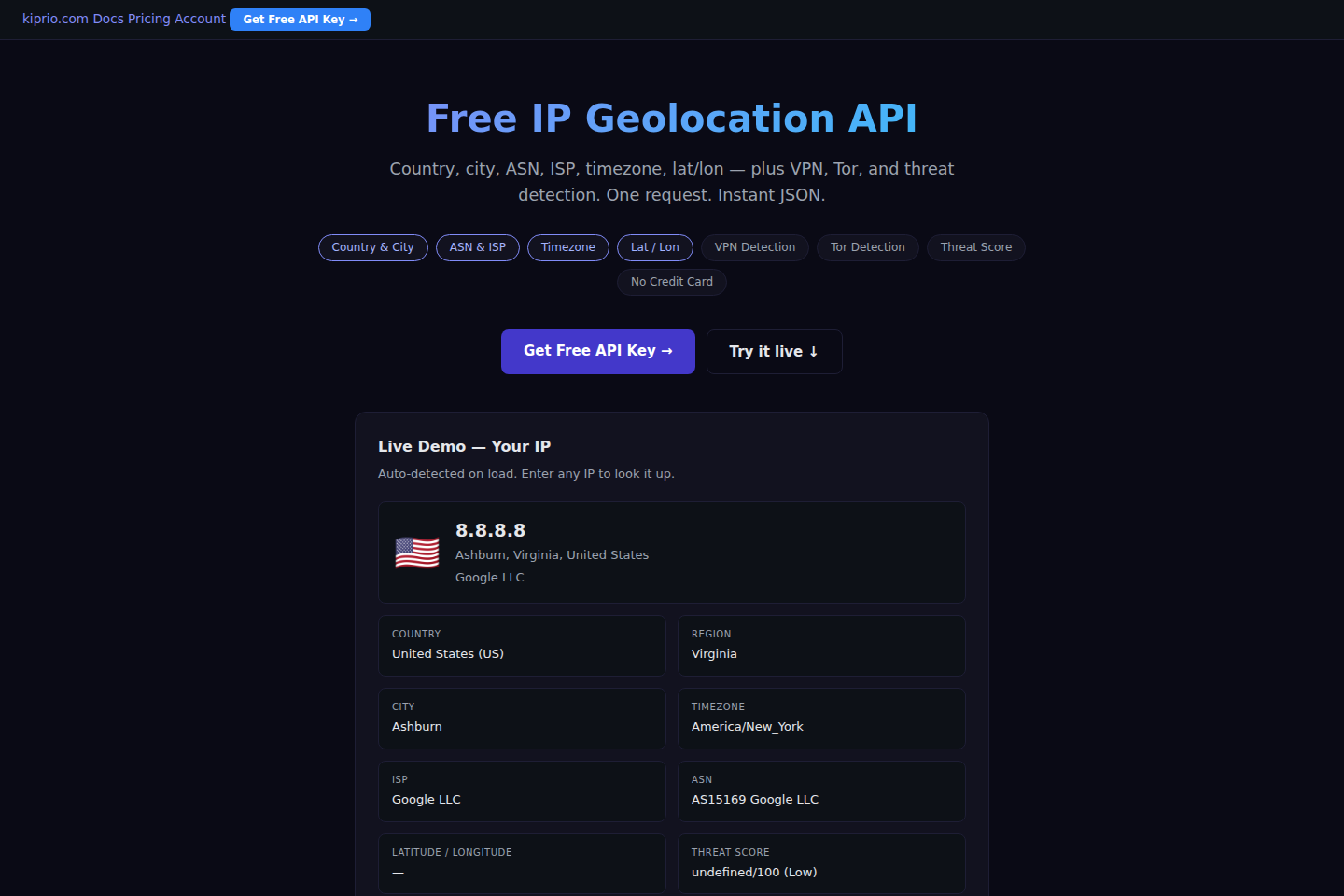 Kiprio IP Lookup documentation page