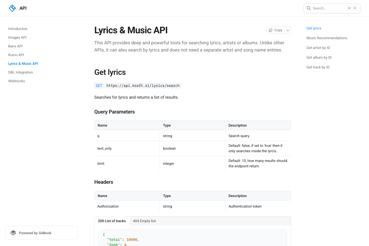 KSoft.Si Lyrics documentation page