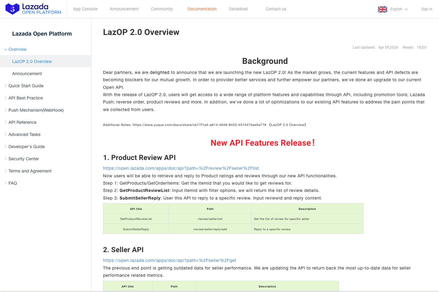 Lazada documentation page