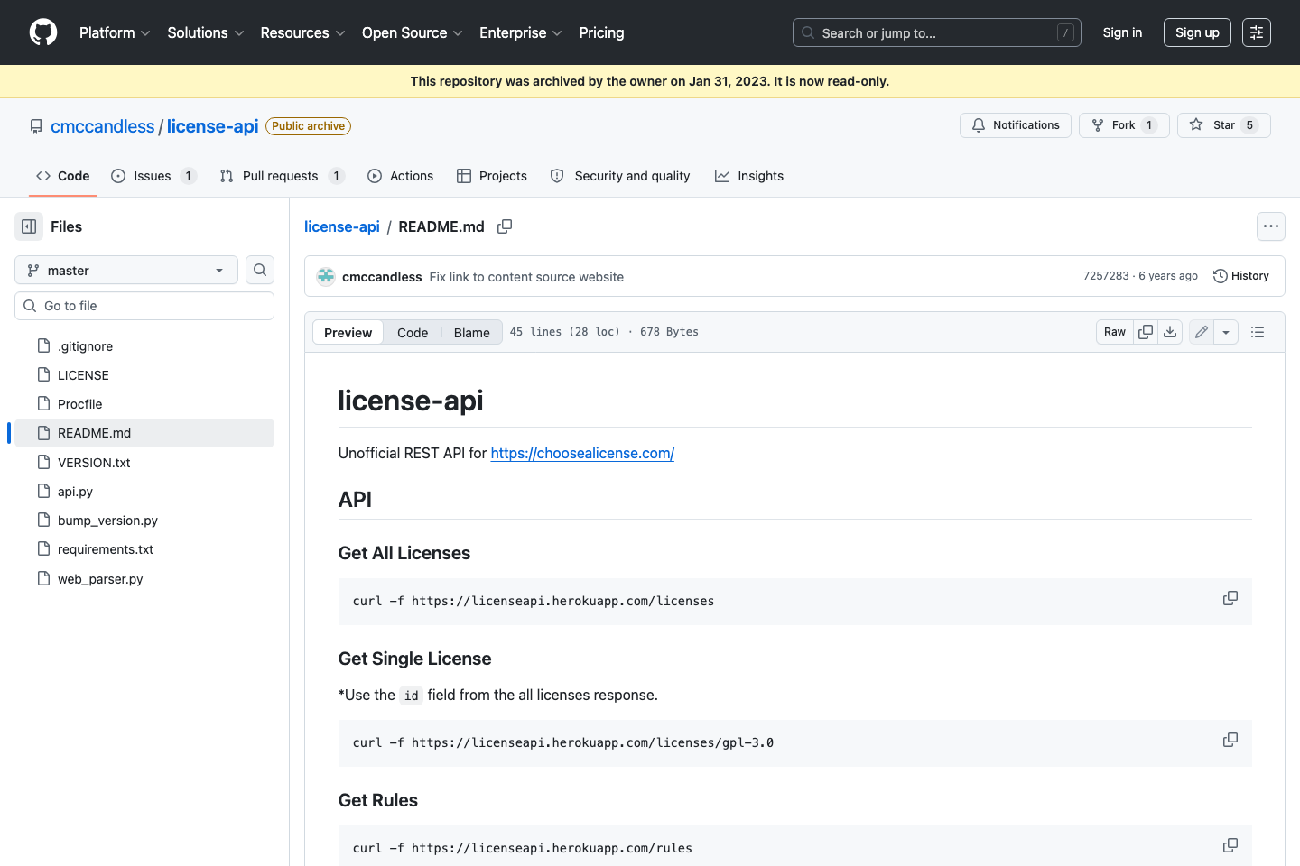 License-API documentation page