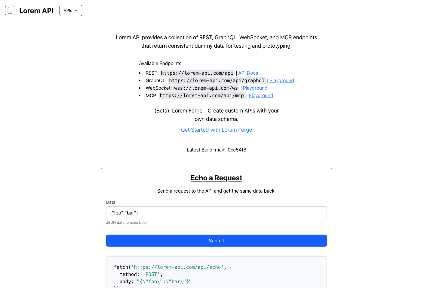 Lorem API documentation page