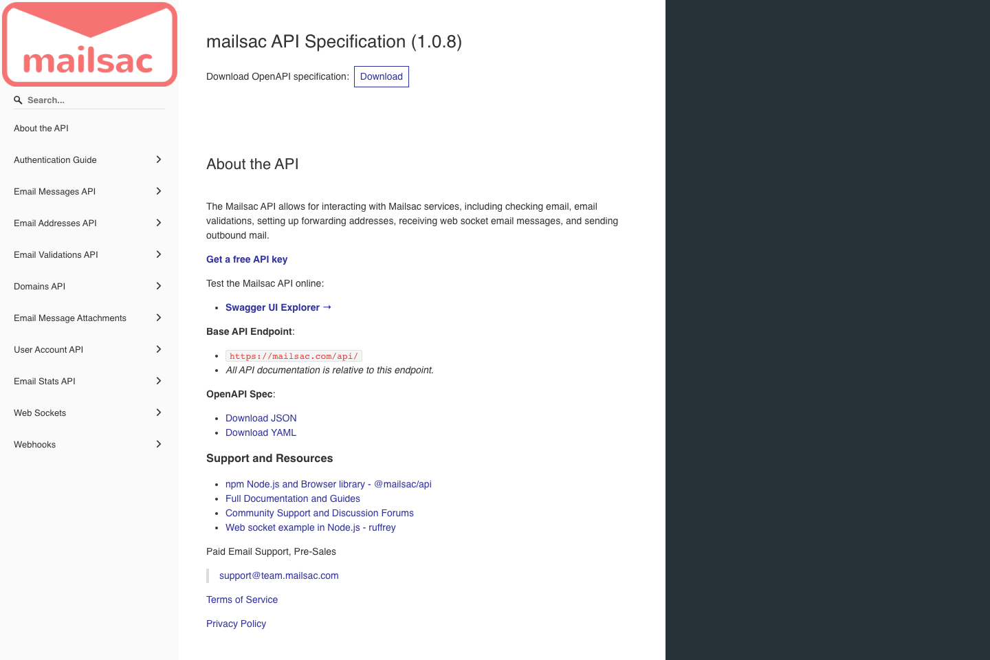 Mailsac documentation page