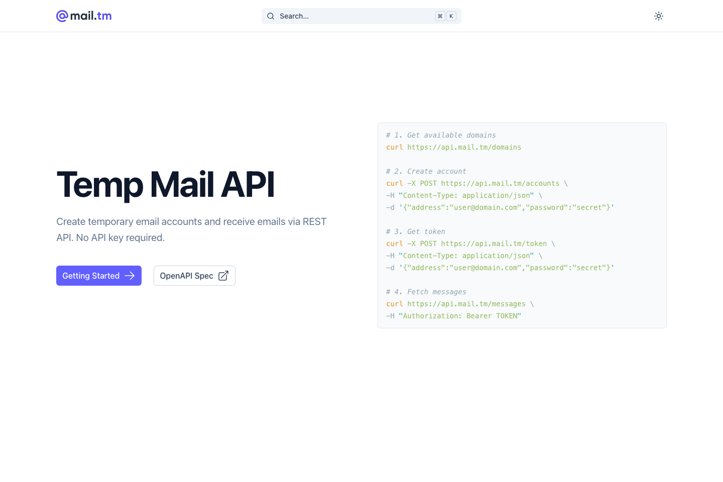 mail.tm documentation page