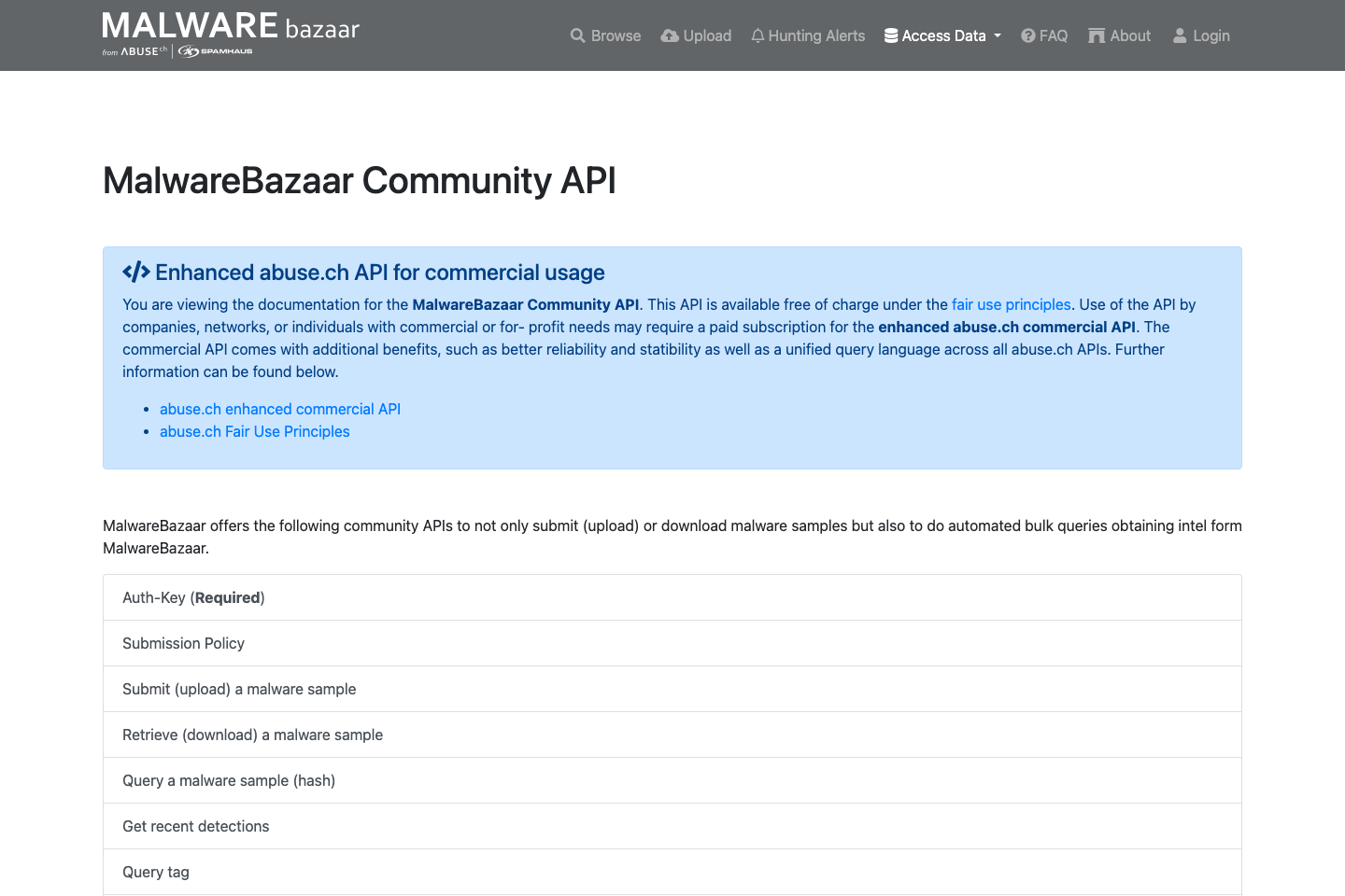 MalwareBazaar documentation page