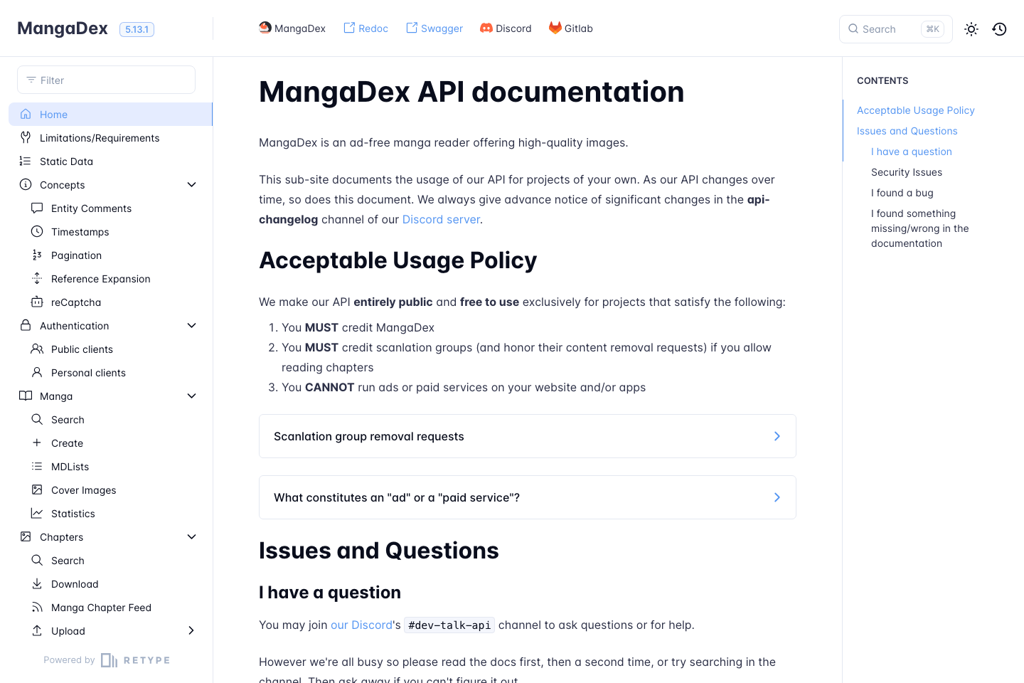 Mangadex documentation page